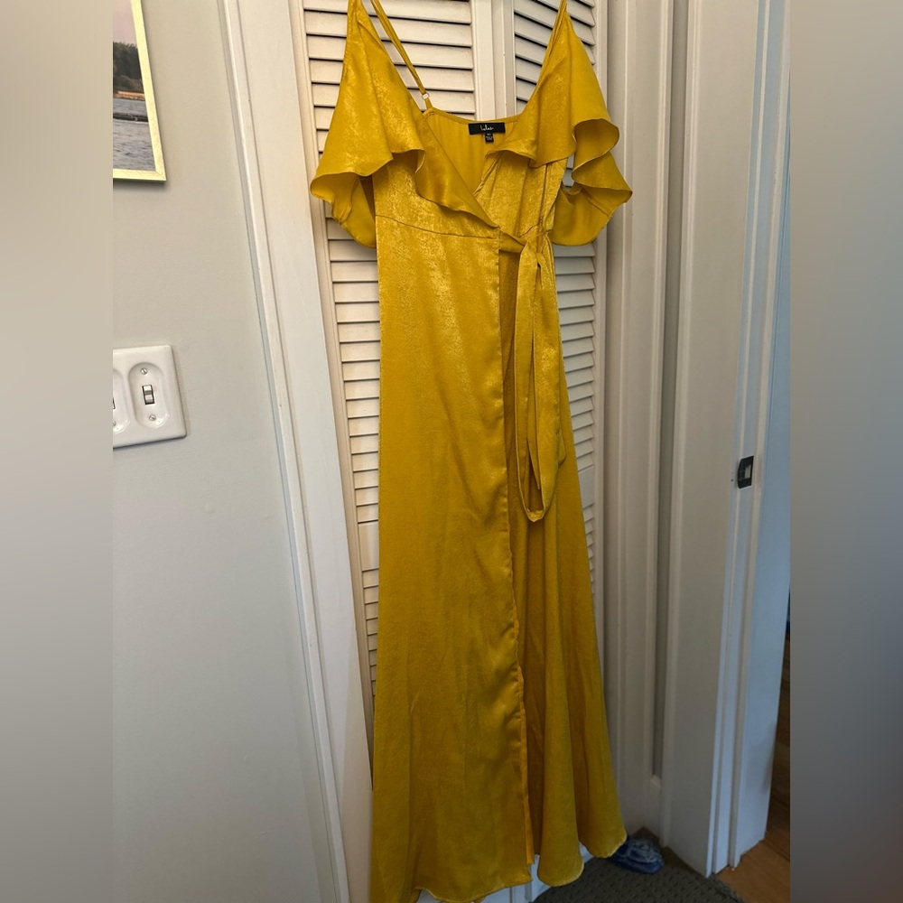 Lulus Mustard Yellow Satin Wrap Maxi Dress XS